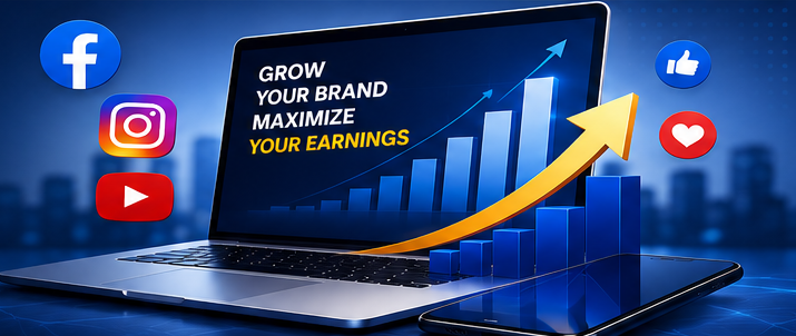 Laptop showing growth chart and social media growth icons
